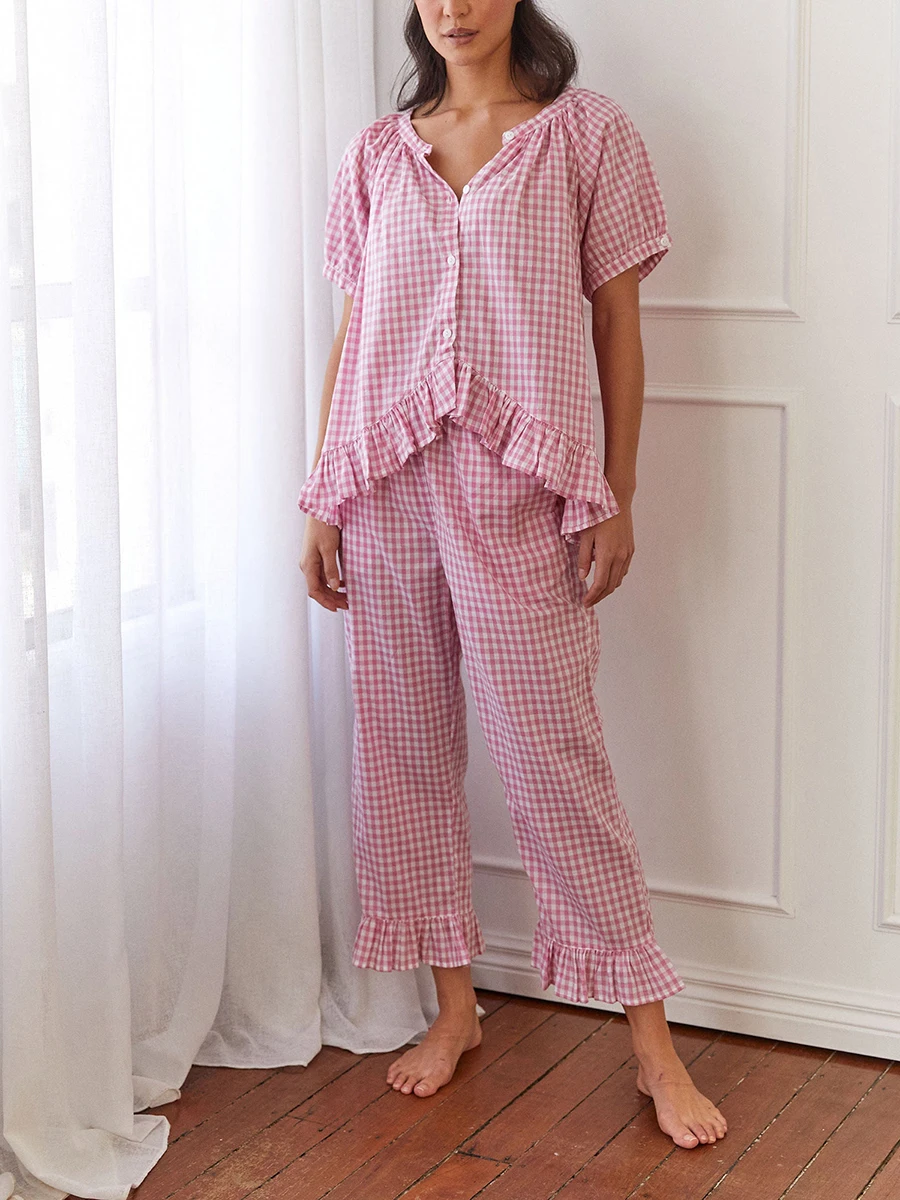 y2k Vintage Plaid 2 Piece Women Set Outfits Tie Front Puff Sleeve Babydoll Shirt Gingham Pants Pajama Lounge Set Sleepwear