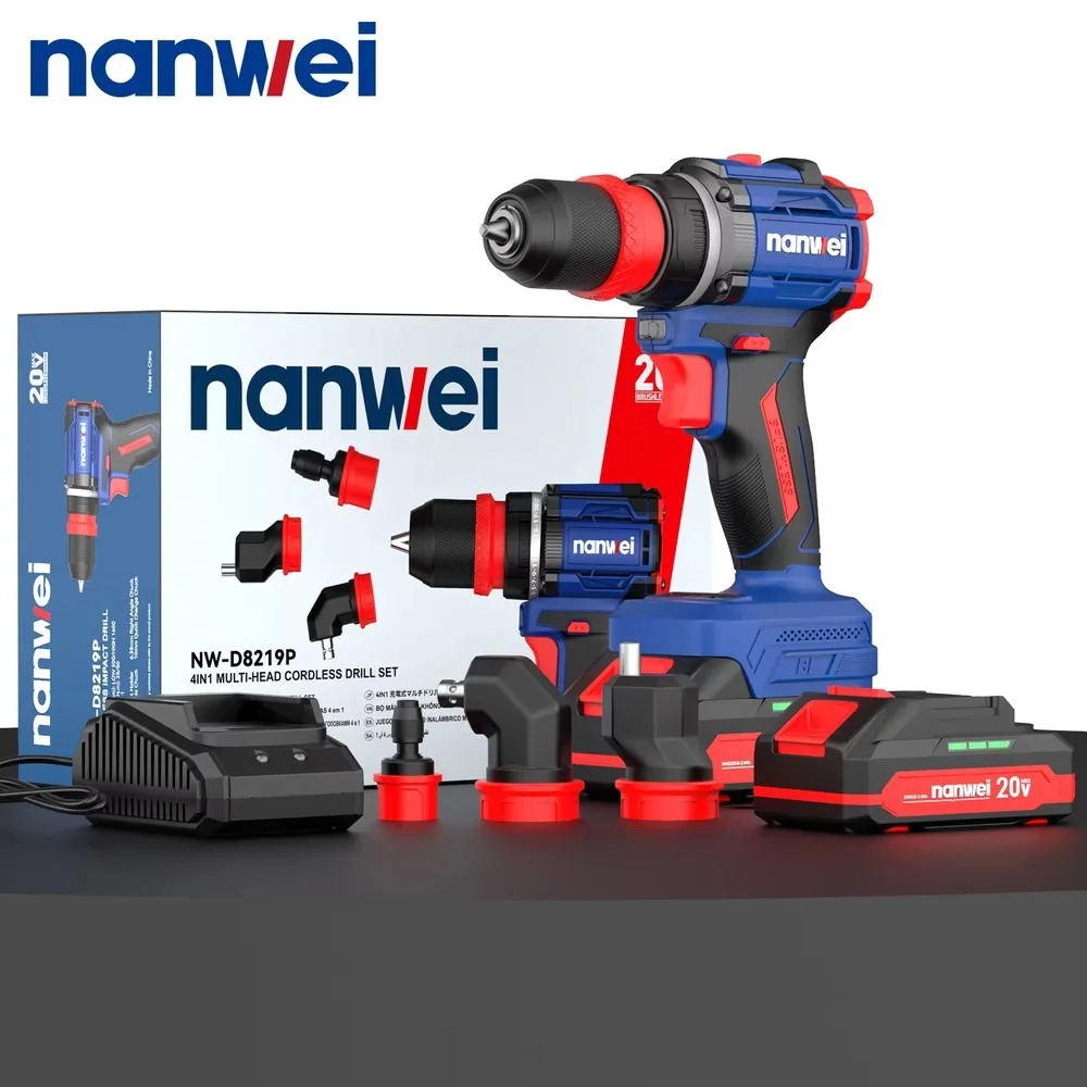 20V Brushless Cordless Drill 4-in-1 Multi-Head Keyless Chuck 10mm Max Drilling Diameter Power Tool for DIY Metal Wood