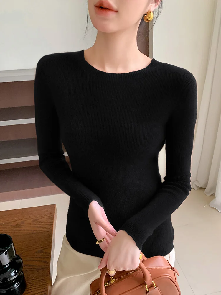 

New 100% Merino Wool Women' Sweater Spring Autumn Pullorer O-neck Long sleeved Stripe Solid Color Comfortable Basic Clothing