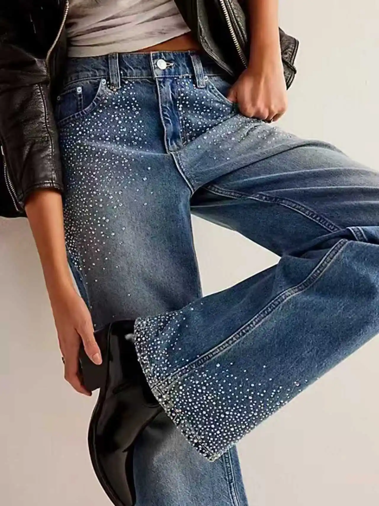 High-waisted Sequin Flared Jeans for Women, Heavy-duty Rhinestone Gradient Water Crystal Decor Elastic Blue Flared Jeans