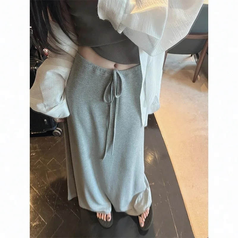 Gray High Waist Straight Leg Skirt Women's Summer New Drawstring Lazy Loose Long Casual Skirt Slimming Midi Skirt