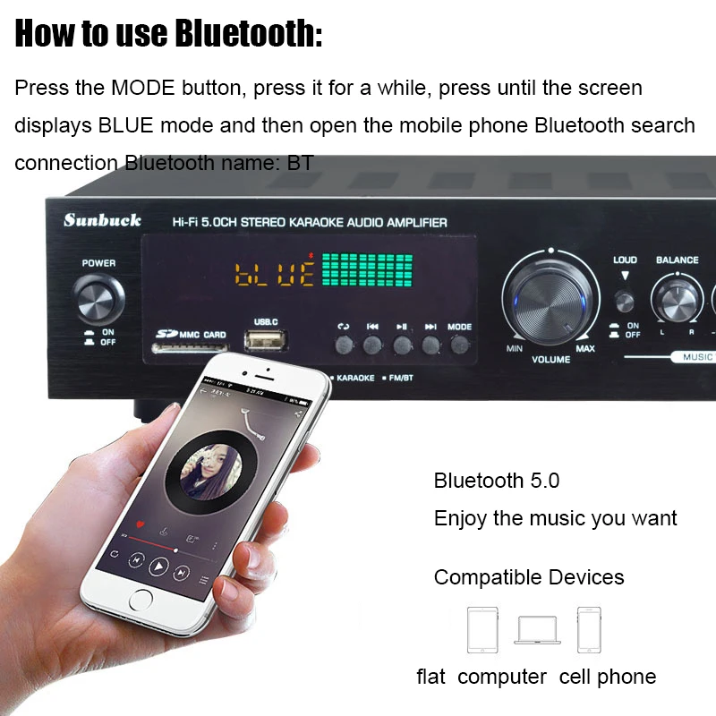 110/220 V SUNBUCK AV-628/298BT Soundverstärker Bluetooth 5.0 Heimkino Audio Power Amplify Unterstützung FM USB mit Fernbedienung – Detail 3