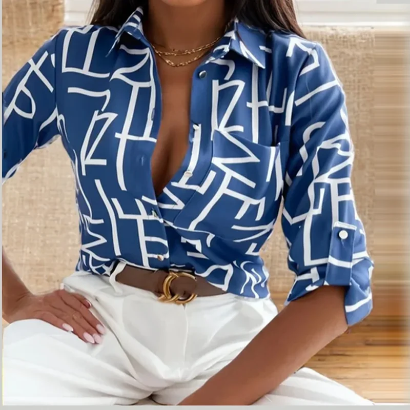 ผู้หญิงฤดูใบไม้ผลิ Elegant เปิดลง Colar เสื้อ Vintage ยอดนิยมพิมพ์ Slim เสื้อฤดูใบไม้ร่วงสุภาพสตรีแฟชั่นเสื้อแขนยาว