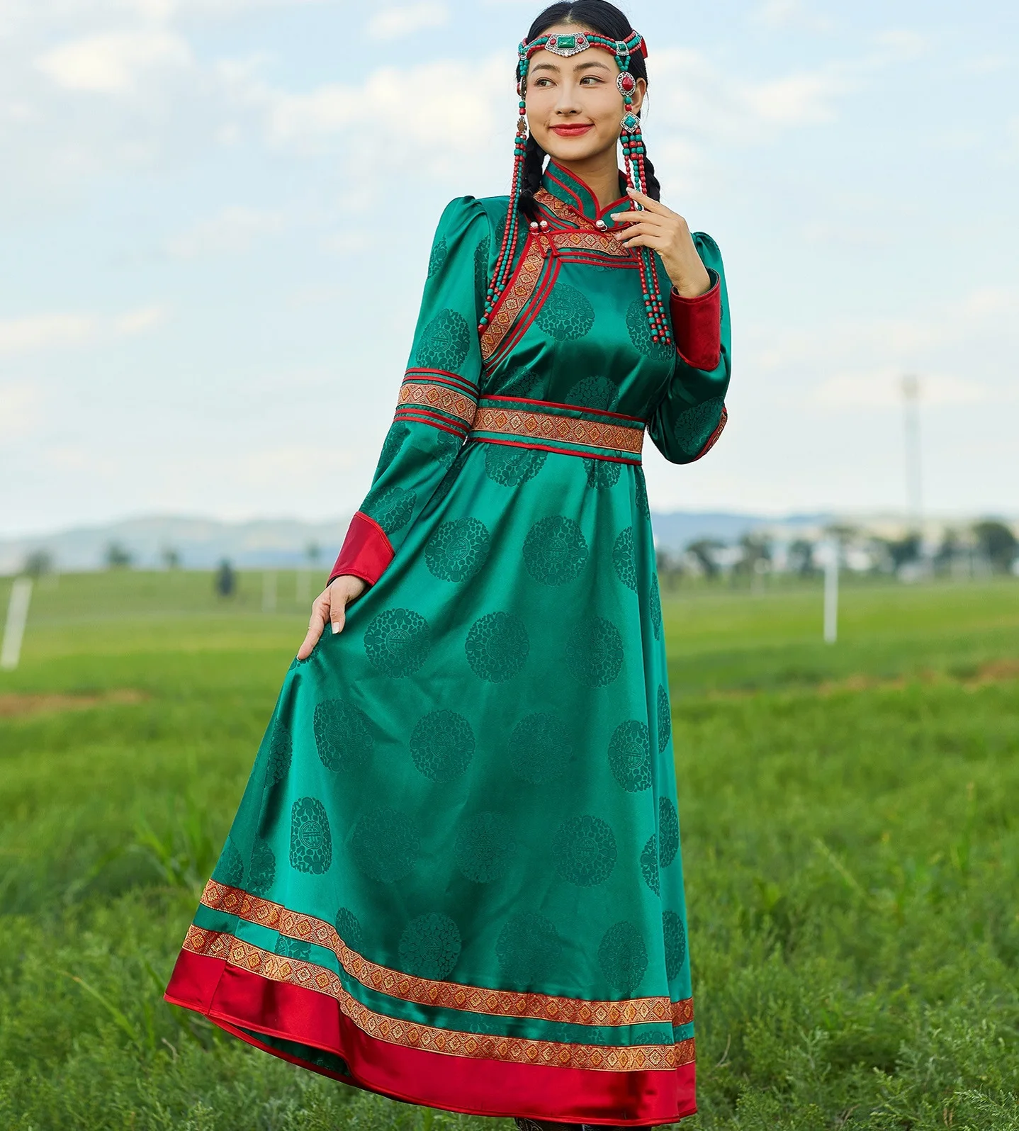 Mongolian Beauty Robe Women's Ethnic Minority Grassland Travel Gown Mongolia Girl Stage Performance Dress in OrientTown FE045