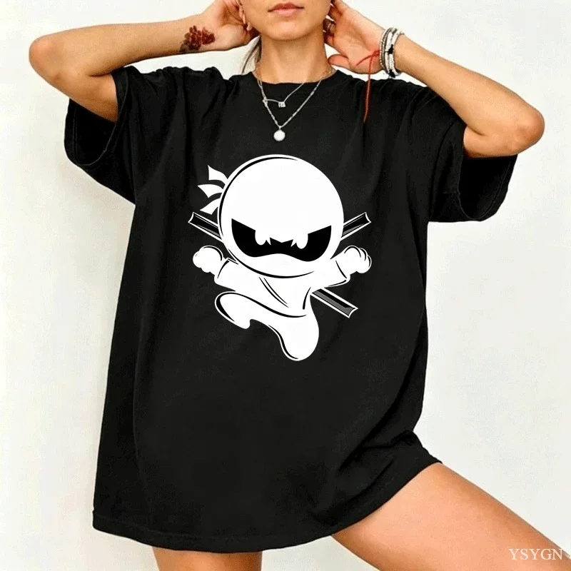 Cute Cartoon Little Ninja With Sword Print Kids T Shirt Boy Girl Short Sleeve Crew Neck Cotton Warrior Parent Child Matching Tee