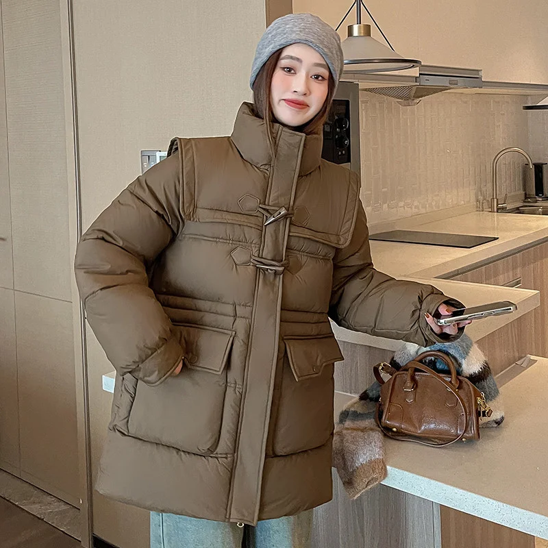 

Fashion Horn Button Down Cotton Jacket for Women Winter Jacket Parkas Korean Loose Thicken Waist-cinching Cold Protection Coat