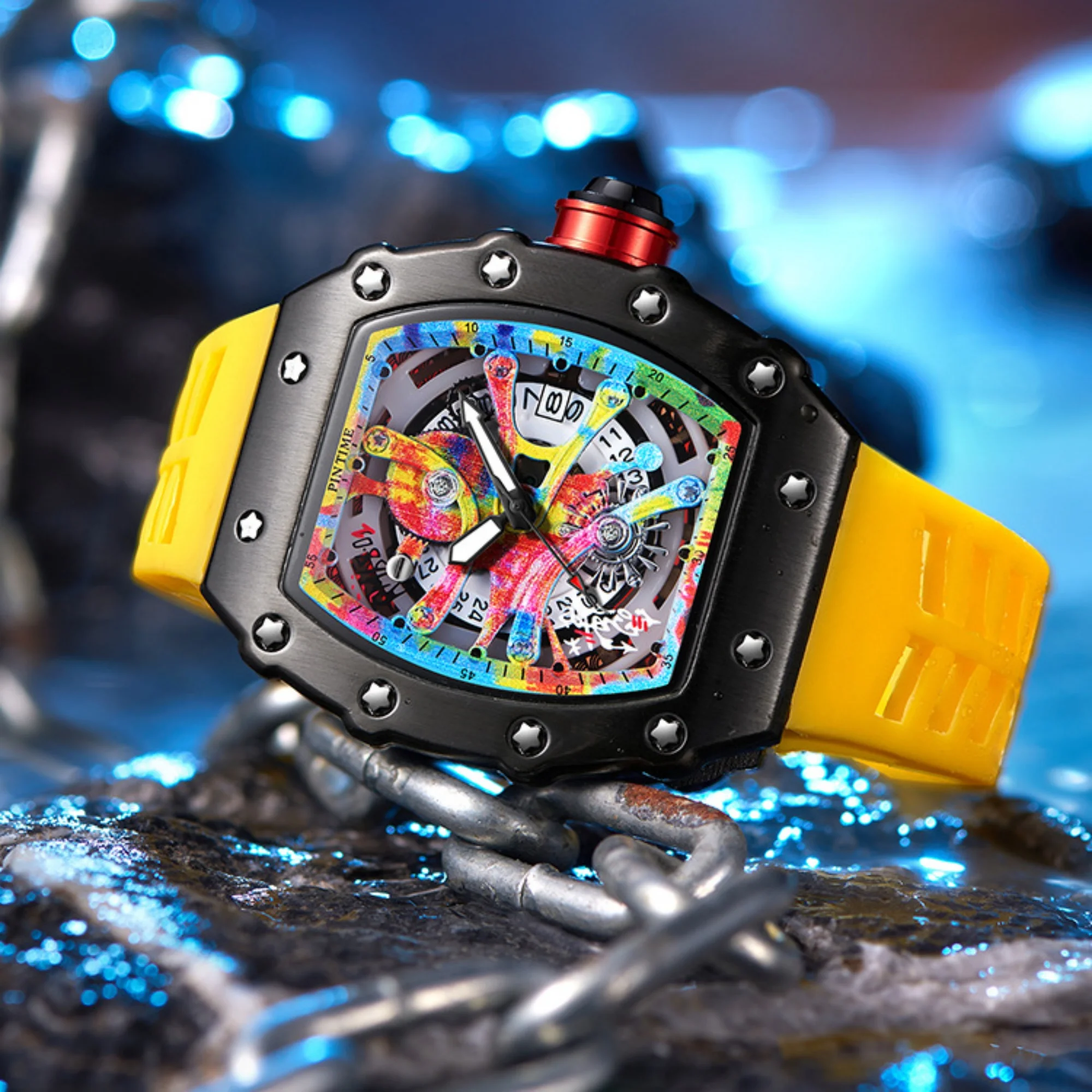 Men Tonneau Quartz Watch Graffiti Colorful Dial Alloy Case Soft Silicone Strap Waterproof Hip Hop Street Fashion Sport Watch
