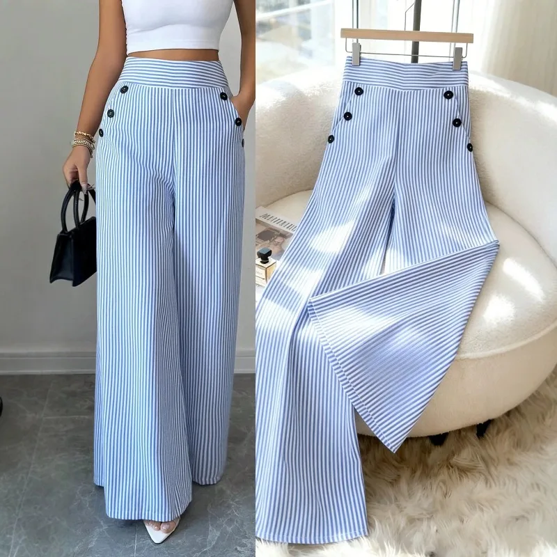 2026 Fashion New Cross-border Long Women Decorated Draped Straight Pants High-Waist Striped Button Casual Wide-Leg Pant Trend