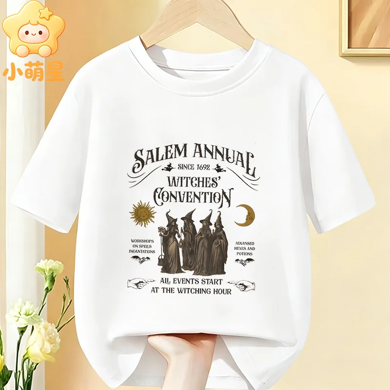 Kids Halloween T‑Shirt Vintage Salem Witches Convention Spooky Text Art Holiday Print Short Sleeve Cotton Boys Girls Party Tee view 4