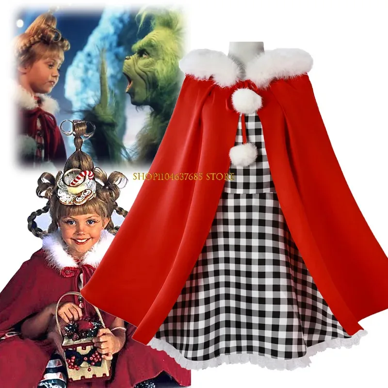 

Cindy Lou Who Cosplay Costume White Fluff Red Hood Cloak Plaid Dress Christmas Lovly Lolita Outfit Halloween Women Girls