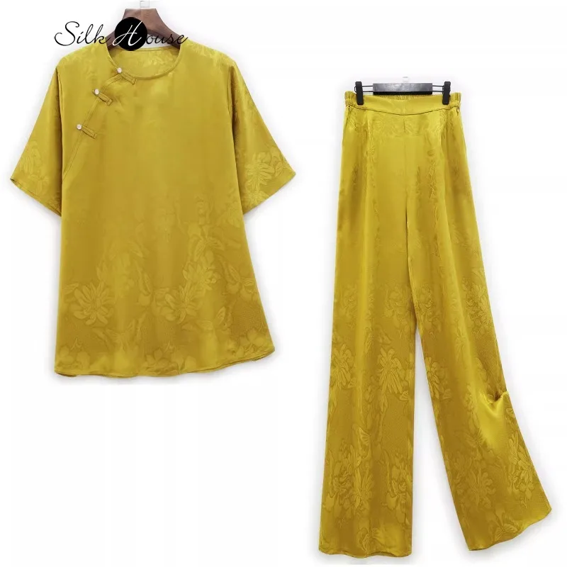 2024 Women's Fashion Summer New 100% Natural Mulberry Silk HuaLuo Wide Leg Pants with Full Luo Hole Heavyweight Silk T-Shirt