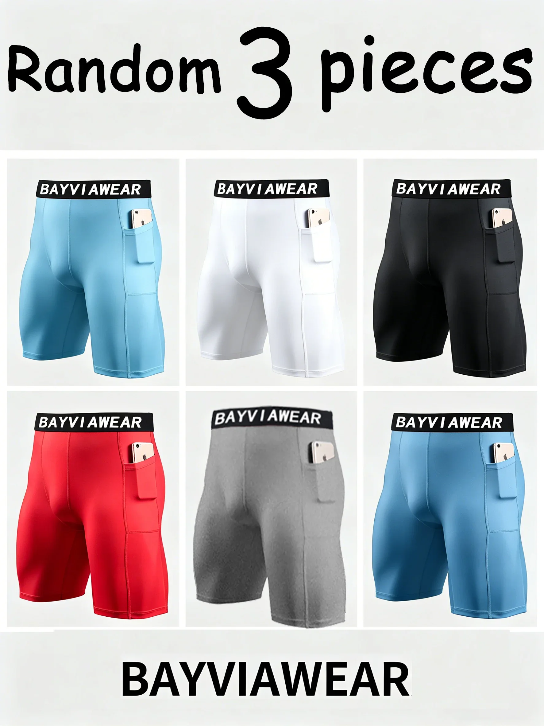3pcs Random Sports Shorts Men Compression Running Shorts with Pocket Quick Dry Workout Gym Shorts Fitness Sport Leggings for Men