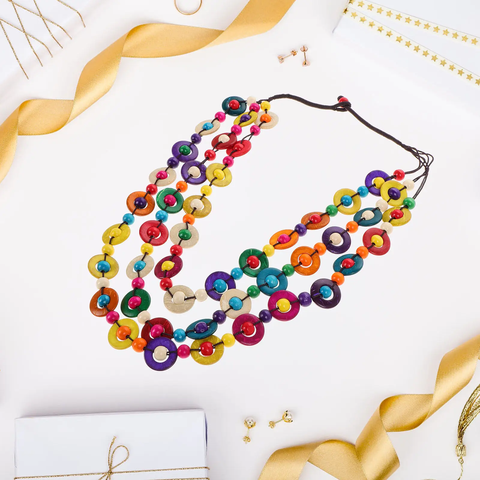 Colorful Wooden Bead Necklace Handmade Ethnic Boho Long Beaded Choker for Beach Vacation Women Fashion Jewelry