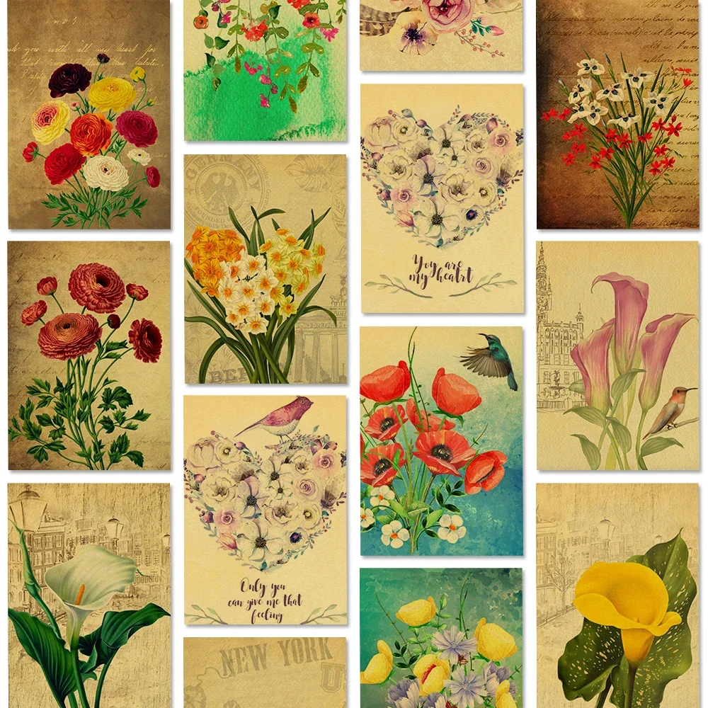 Drawing Floral Symbols Citing Posters Kraft Paper Floral Language Retro Printed Plants Home Decorationart Walls