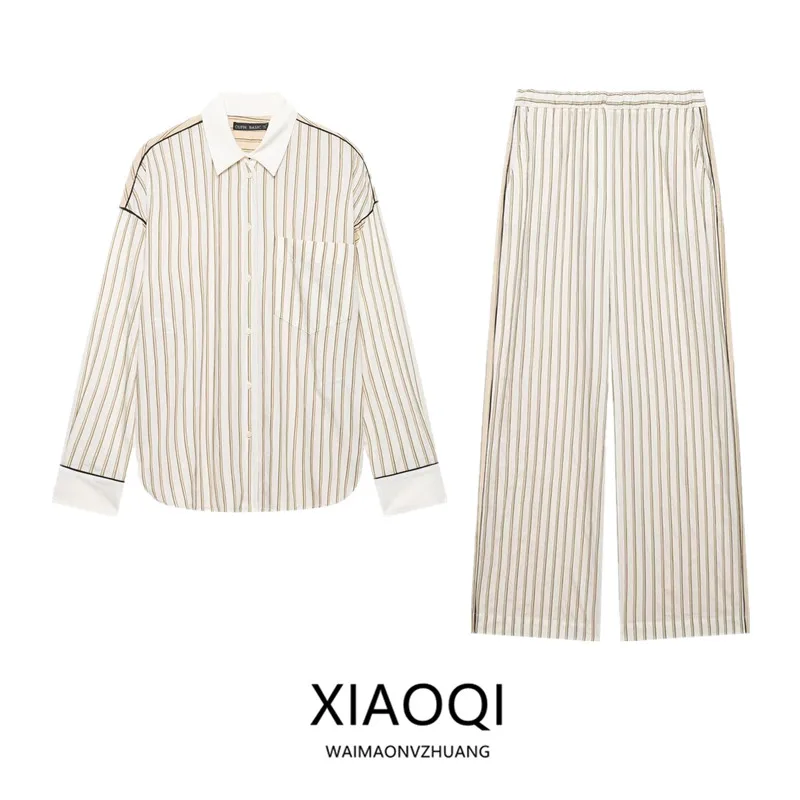 New 2026 Early Autumn Women's Long Sleeve Collared Striped Shirt Pants Color Block Fashionable Casual Wear Work Uniform