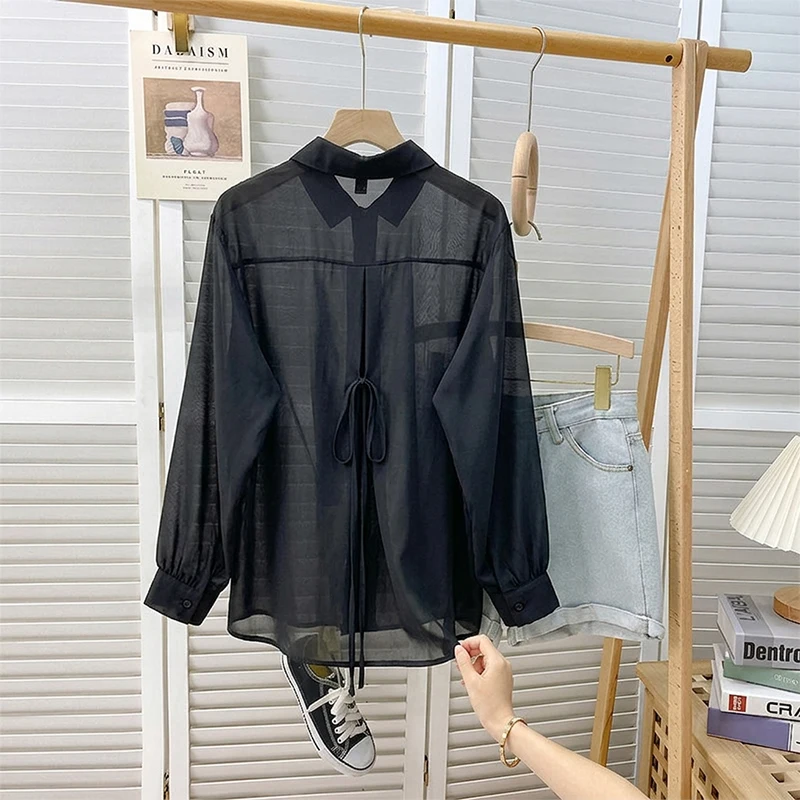 Semi Sheer Button Down Shirt for Women Long Sleeve Tie Back Oversized Blouse Tops Summer Cover-up Casual Outfit