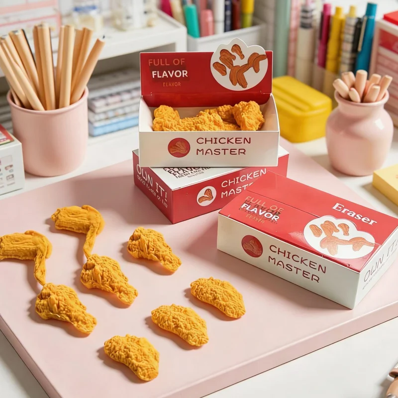 16-teiliges Set mit zufälligen Designs (8 kleine Stücke pro Packung): Radiergummis in Form von gebratenem Huhn, Schreibwaren für Schüler, kreative Radiergummis in Form von gebratenem Huhn, Werkzeuge