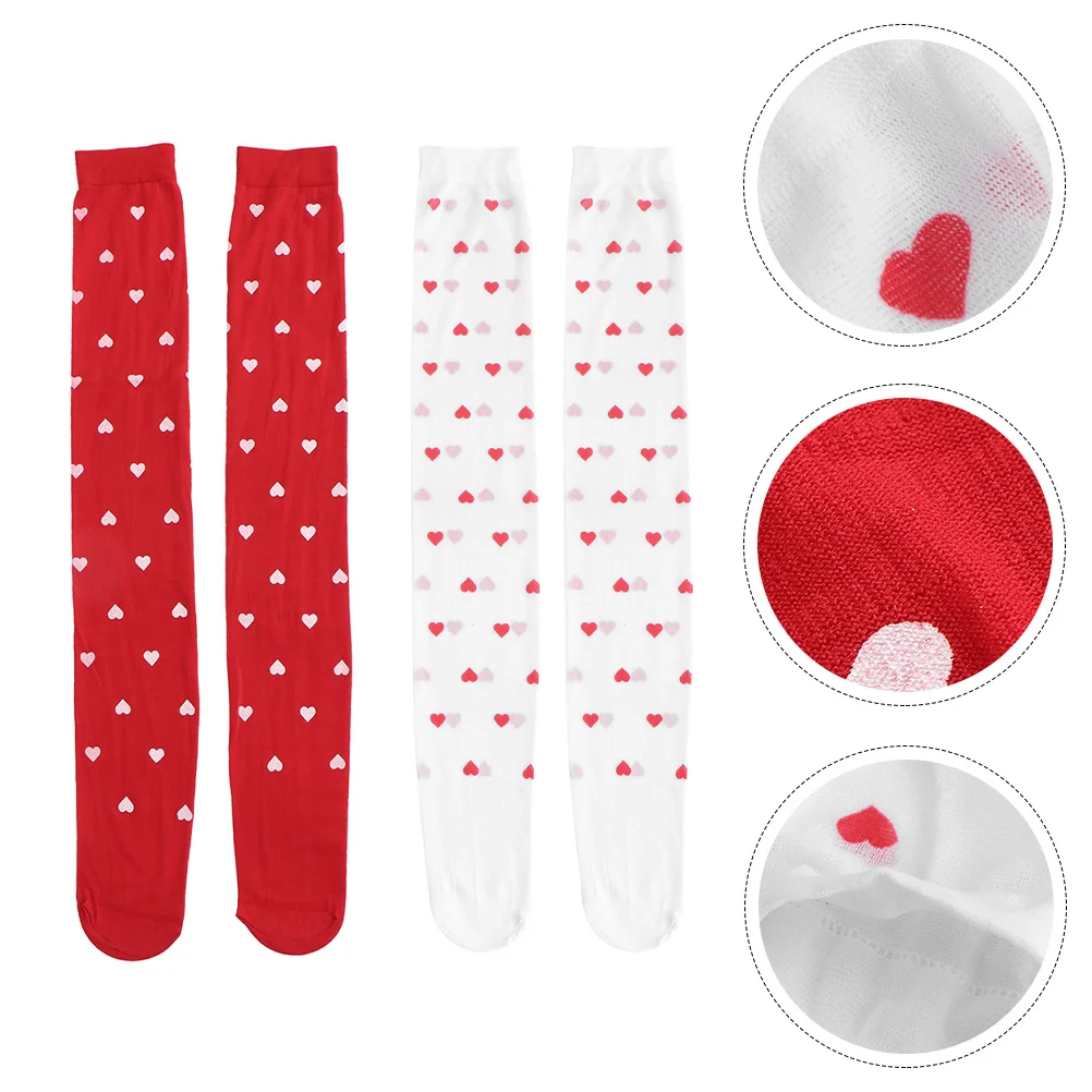 2 Pairs Love Stockings Valentine's Day Long Socks Heart Thigh White Knee Tights Leg Polyester Child for Girls