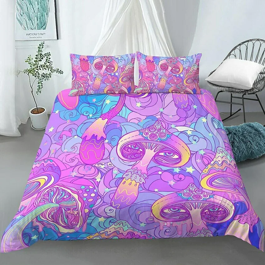 Mushroom Bedding Cartoon Kids Duvet Cover Set Fantasy Galaxy Sky Mushroom Design Psychedelic Girls Polyester Bedding Sets Queen