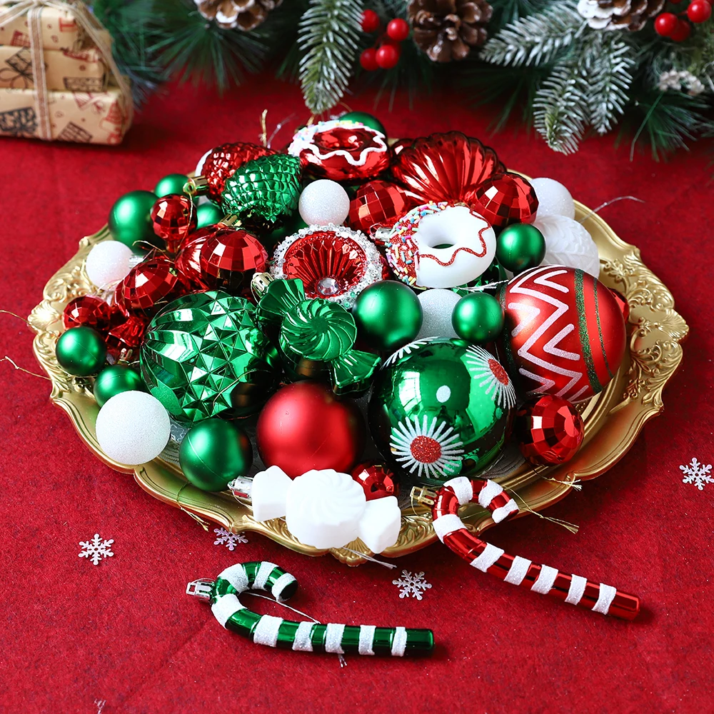 56pcs Christmas Tree Ball Ornament Red Green White Candy Cane Donut Glitter Hanging Ball Pendant Home New Year Christmas Decorat