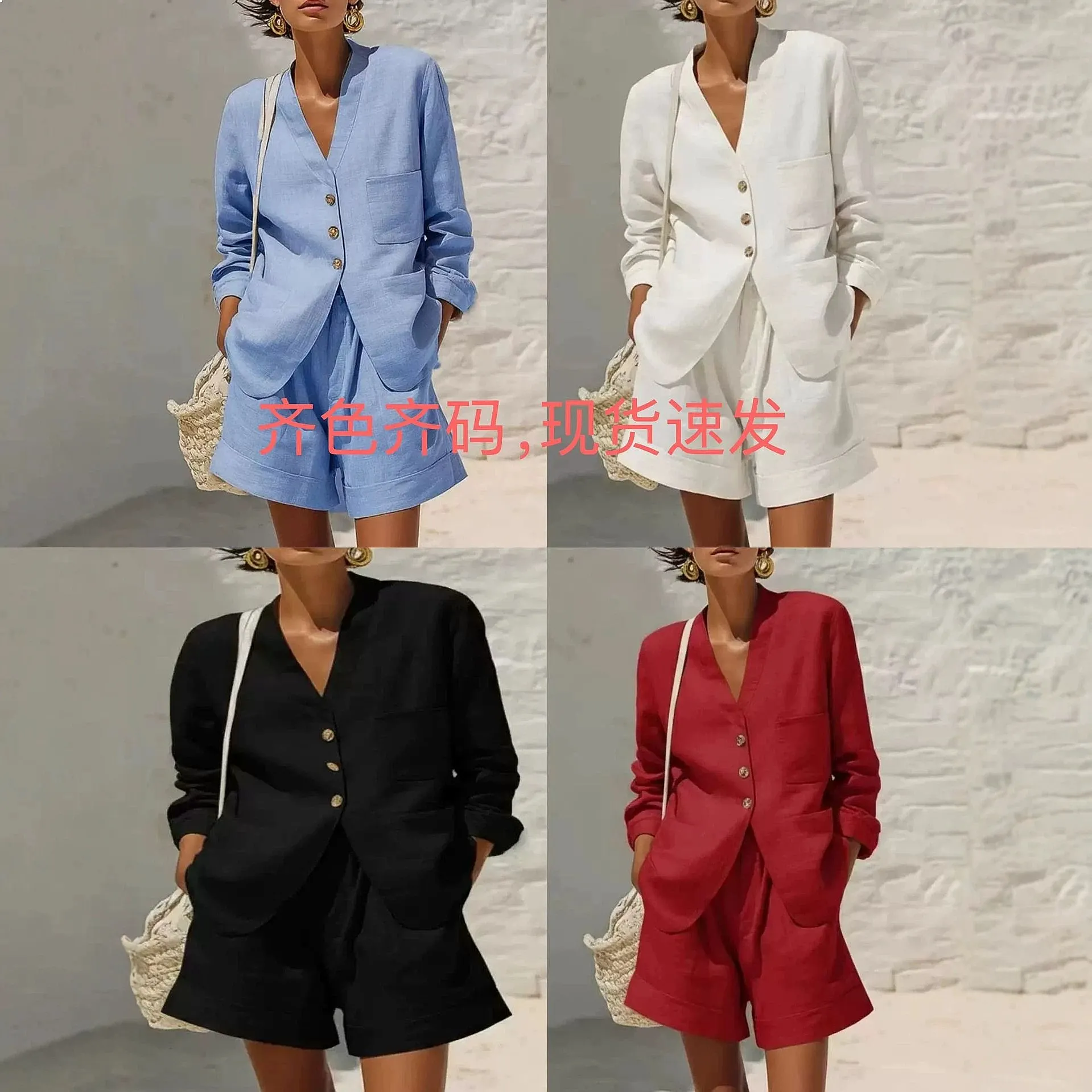 Casual Linen Blazer Matching Set Women Blazers Jumpsuit Pants Suit Loose Pocket 2 Piece Sets