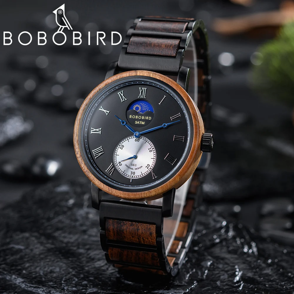 

BOBO BIRD Mens Watches Top Brand Luxury Roman Font Dial Sun Moon Phase Chronograph Multi-Function Wristwatch Relogio Masculino