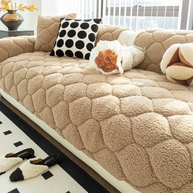 Lamb Wool Sofa Cushion Winter Cotton Padded Thick Sofa Cover Straight Anti Slip Mat Widen Thicken Living Room Decoration