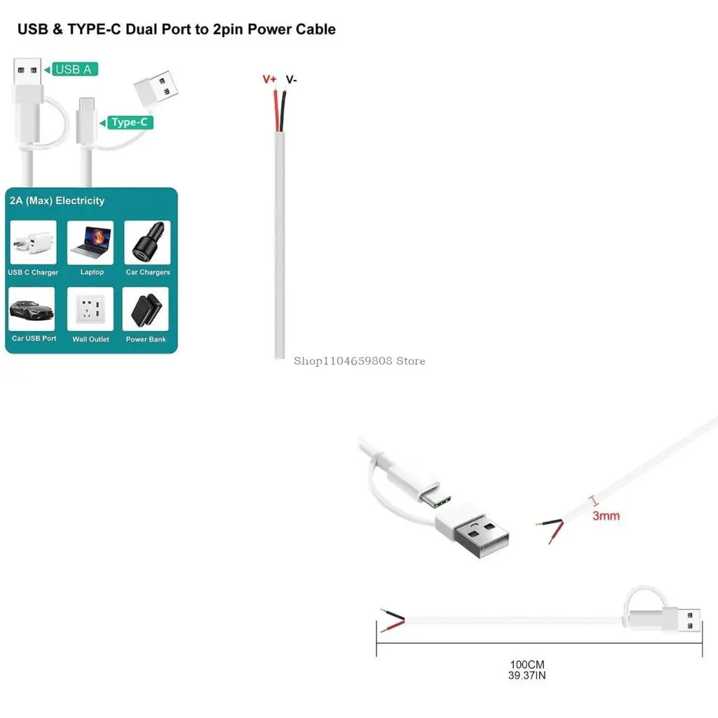 

5V/2A USB Type C Male 2Pin Pigtail Power Wire Replacement DIY Cable for LED