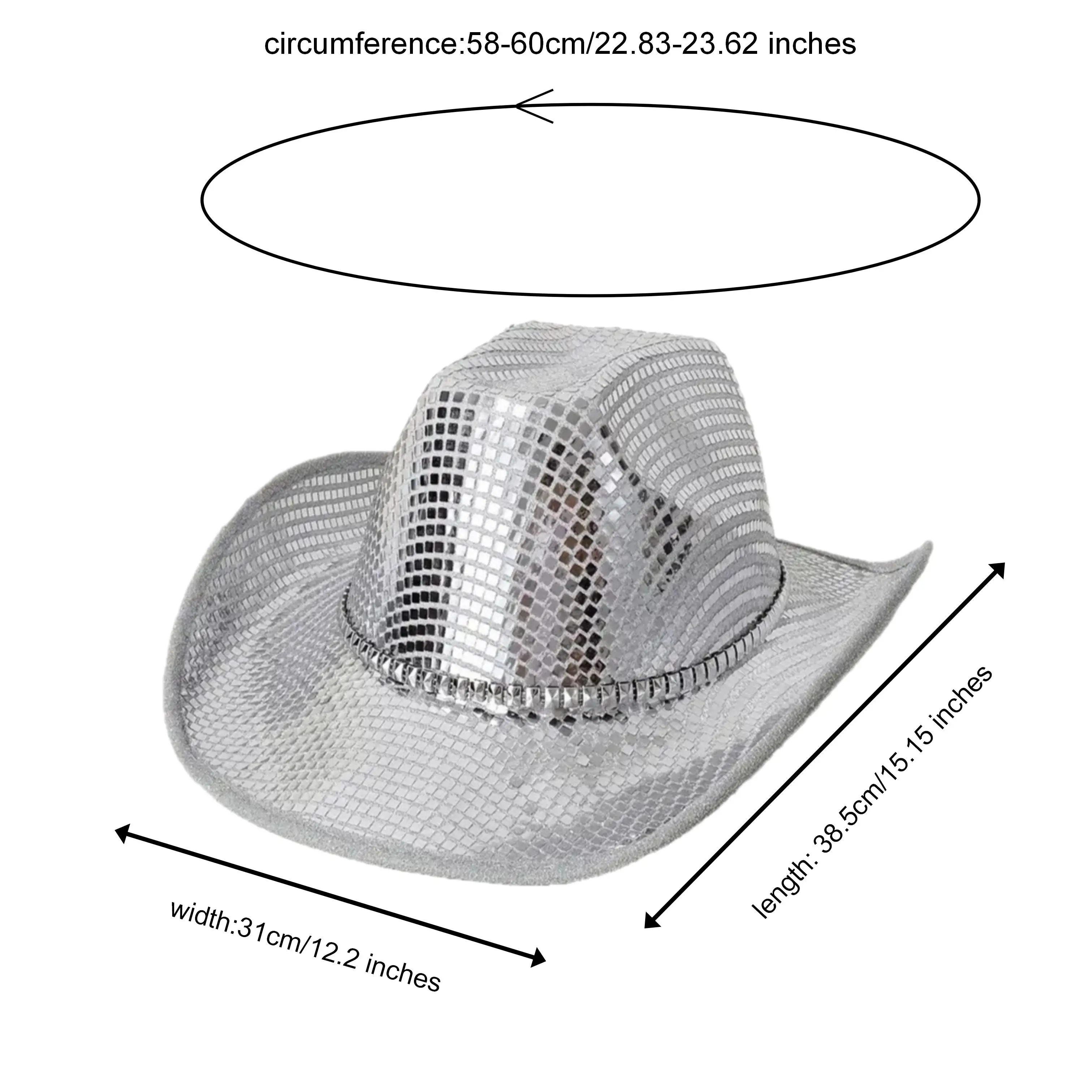 HongLuan Chapéu de fantasia de lantejoulas prateadas e chapéus de cowboy de discoteca para mulheres, acessórios femininos de cosplay de cowboy e boné de cowgirl