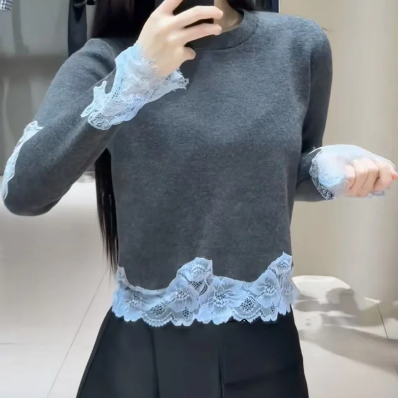 

Ранняя осень и синий кружевной круглый вязаный свитер Ne, женский модный универсальный топ для поездок на работу Sle Lon...