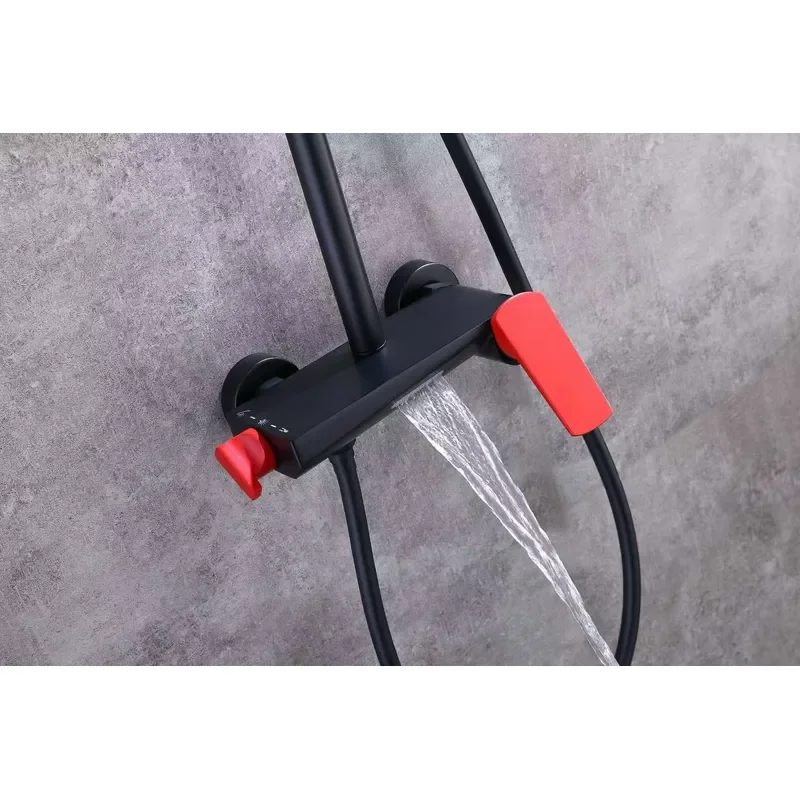 Polished Brass Wall-Mounted Ceramic Valve Black Red Handle Bathtub Shower Soft Massage Rainfall Faucet Set Bathroom view 3