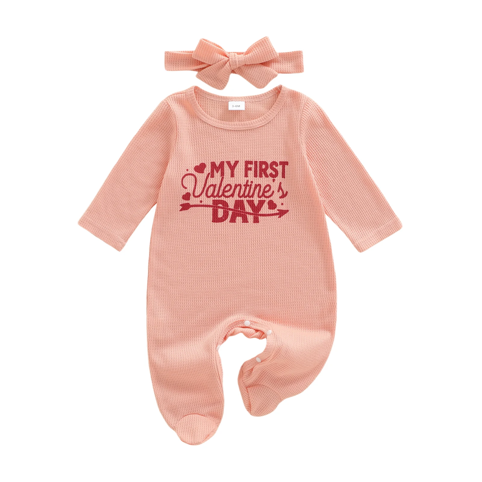 

Newborn Girl First Valentines Day Romper Letter Heart Print Long Sleeve Footed Jumpsuit with Bow Headband Set