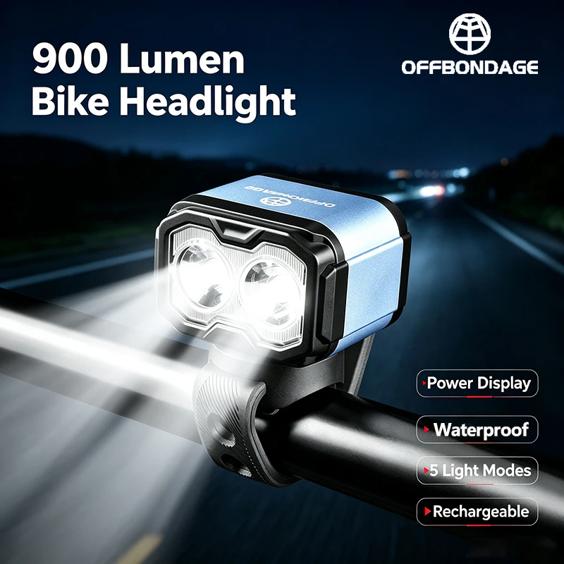 OFFBONDAGE 900LM Bicycle Front Light Digital Power Display Type-C Rechargeable MTB Road Bike Headlight Waterproof Cycling Lamp