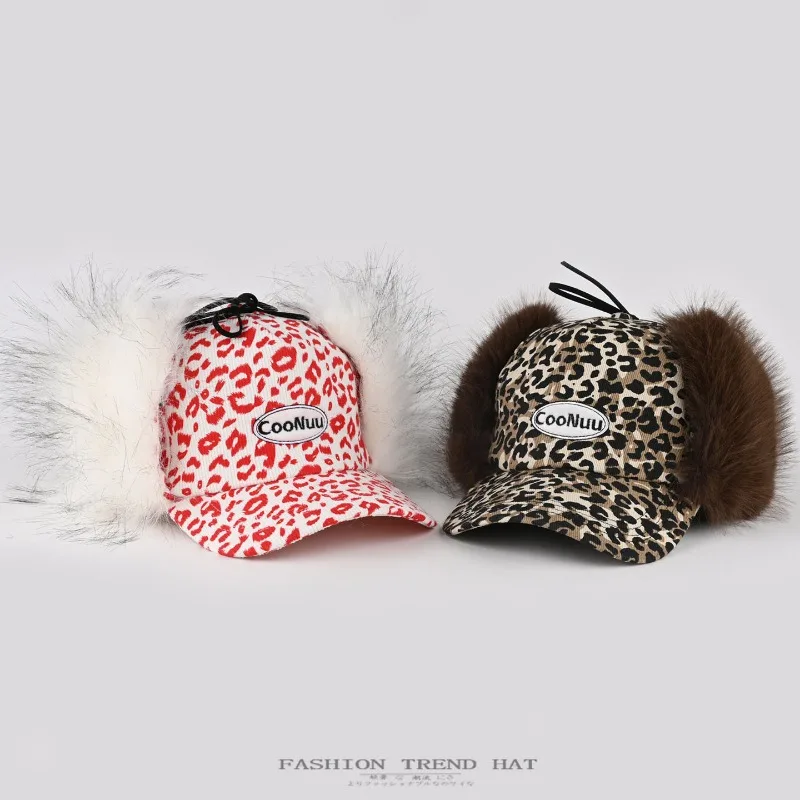 New Personalized American Leopard Print Plush Baseball Cap Winter Men and Women Outdoor Warm Ear Protection Flying Bomber Hats