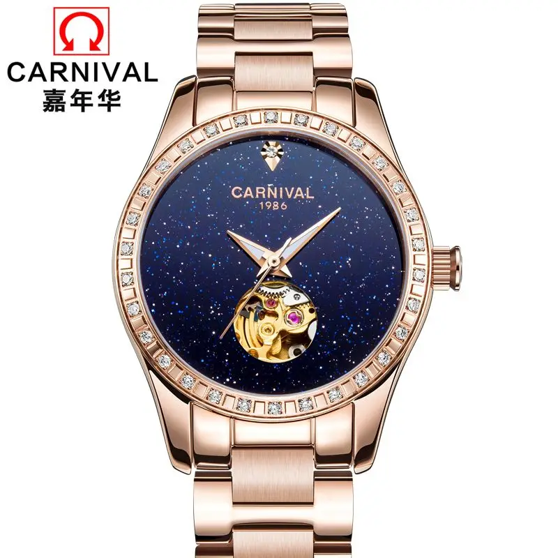 

Switzerland CARNIVAL Luxury Brand Rosegold Automatic Mechanical Women's Watches Diamond Hollow Waterproof Auto Date Clock C8010L