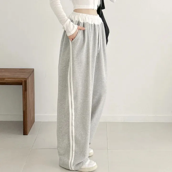Daily Home Sweatpants Lady High Street Trousers Women Black Striped High Waisted Leisure Female Chic Concise Wide Leg Pants 2025