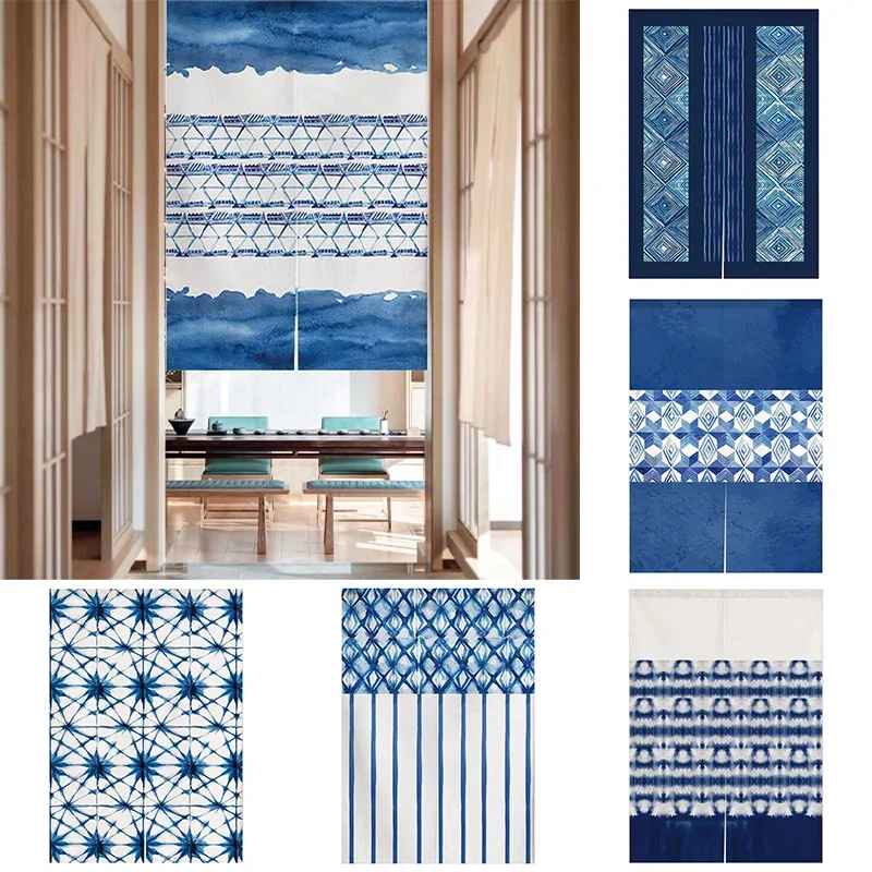 Indigo Japanese Door Curtain Shibori Tie Dye Pattern Doorway Curtains Household Toilet Partition Curtain Home Kitchen Decoration