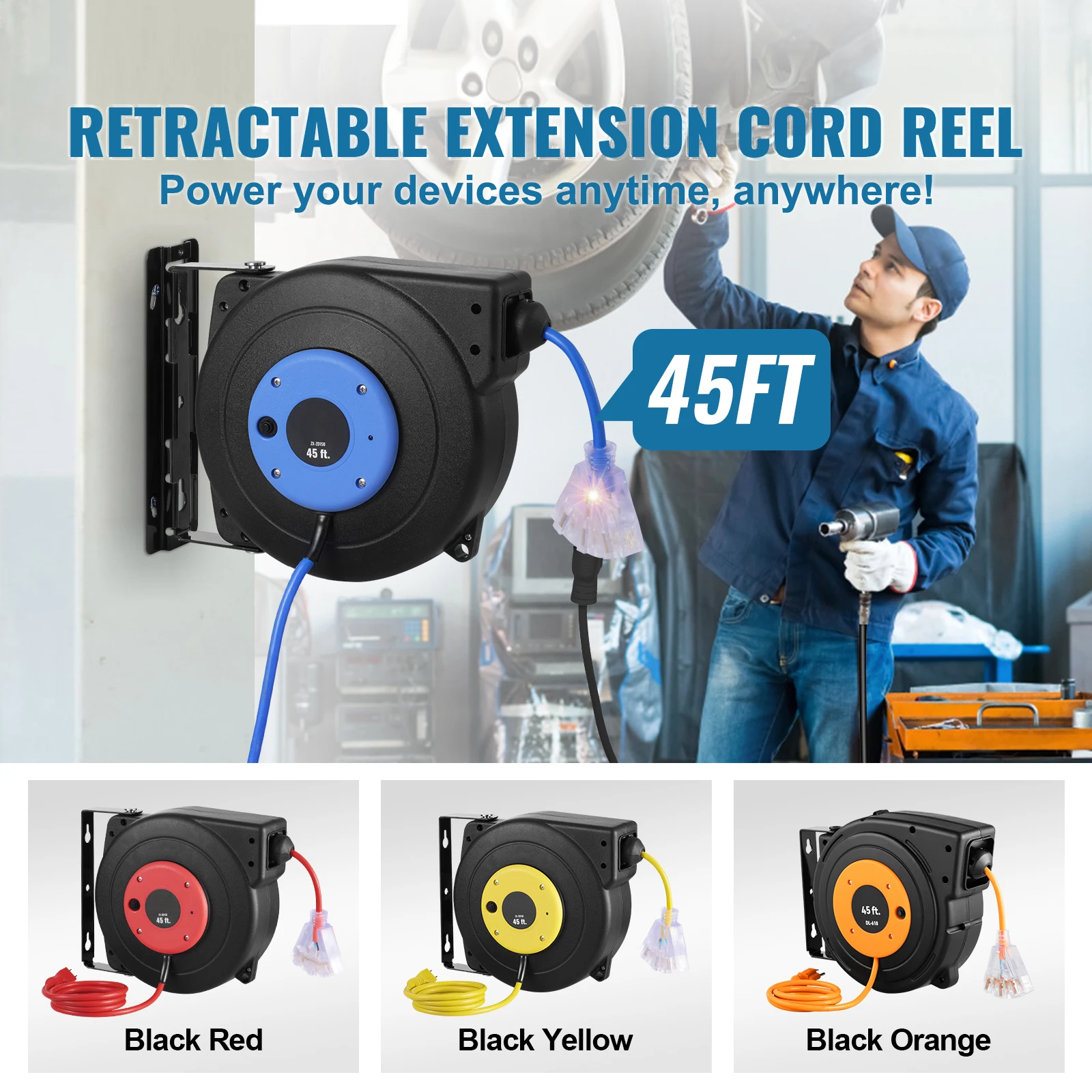 SucceBuy Retractable Extension Cord Reel 45FT Lighted Triple Tap Outlet 15Amp Circuit Breaker 180°Swivel Bracket Electrical Use