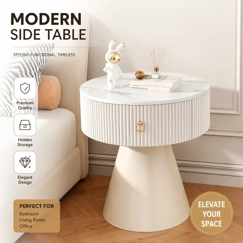 Cream-Colored Modern Slate Side Table with Drawers – Compact Living Room or Bedroom Nightstand