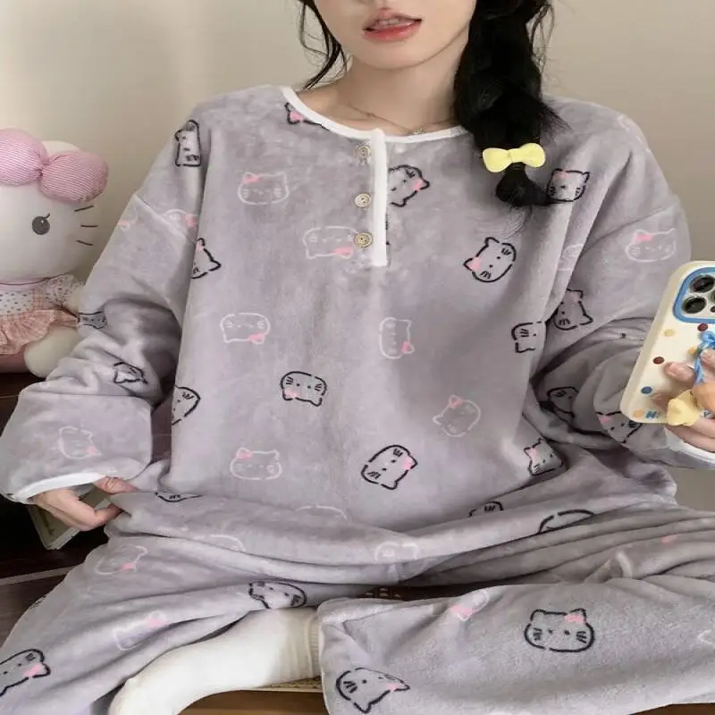 Women's Flannel Pajamas Autumn/winter 2025 New Cute Kitty Cat Cartoon Wearable Home Suit Set Hello Sanrio Sexy Outfits Full Sets