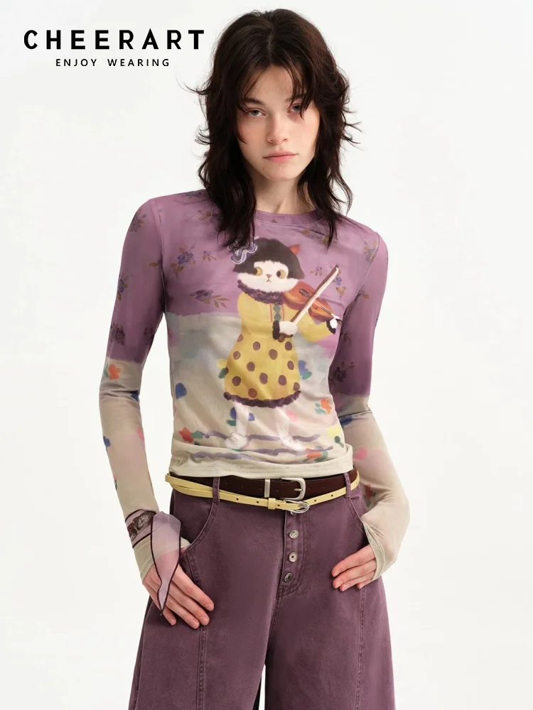 CHEERART Play Cat Funny T Shirts Woman Long Sleeve Mesh Top Purple Graphic Tees Kawaii Cute Crop Top Spring Fall Clothes