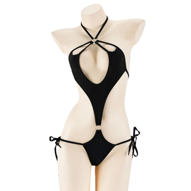 Amine Three Point Bikini Set Women One Piece Swimsuit Japanese Cute Black Hollow Swimwear Halter Sexy Bodysuit Cosplay Costume