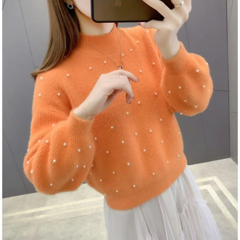 Autumn Winter Women\'s Solid Pullover Screw Thread Turtleneck Lantern Long Sleeve Flocking Sweater Knitted Undershirt Casual Tops