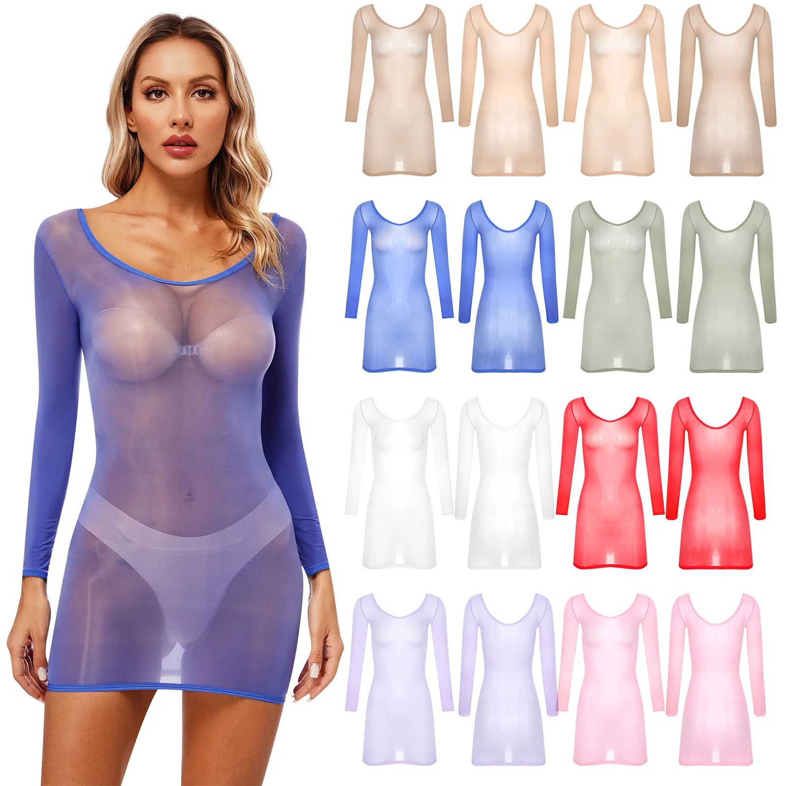 Womens Exotic Dress Glossy 8D Lingerie Nightwear Long Sleeve See Through Sleep Pencil Dress Stretchy Bodycon Swimsuit Cover Up