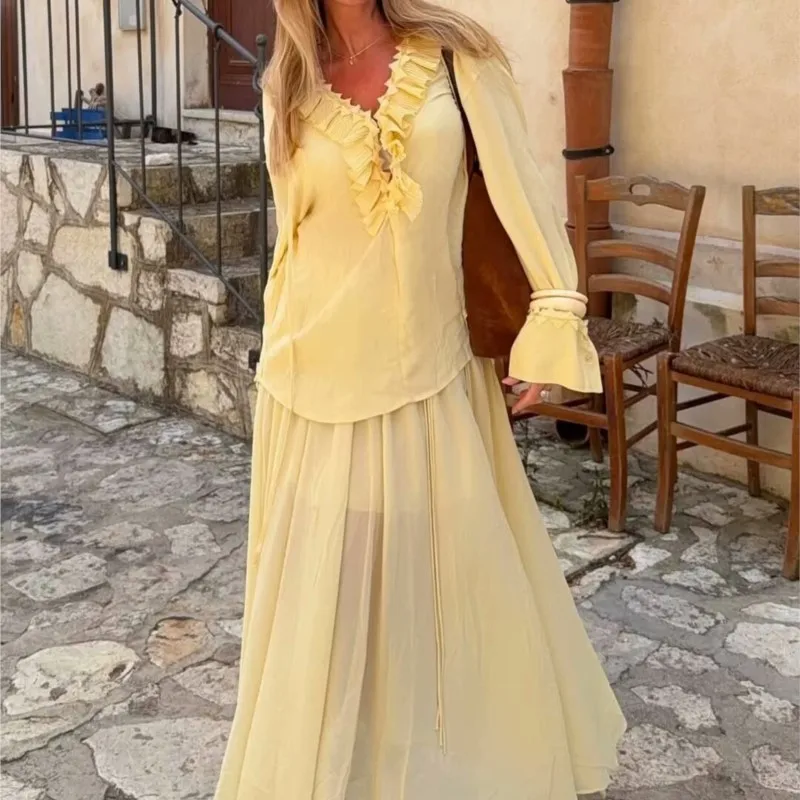 

Elegant New Lace Up Ruffle Tierred Chiffon Shirt V-Neck Long Sleeves Loose Blouses Female High Waist Lace Up Pleated Long Skirt