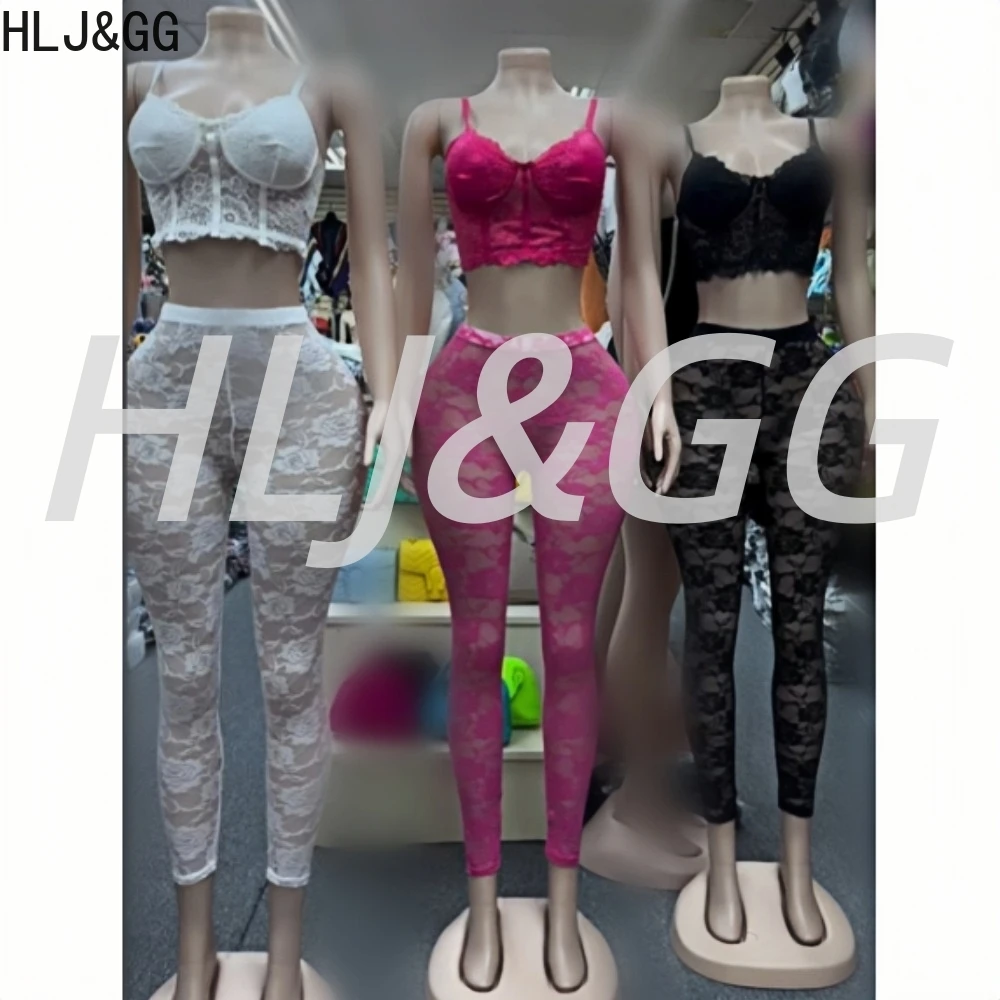 HLJ&GG Sexy Hot Girl Lace See Though Two Piece Sets Women V Neck Spaghetti Strap Slim Tank Top And Skinny Pants Outfits Clubwear