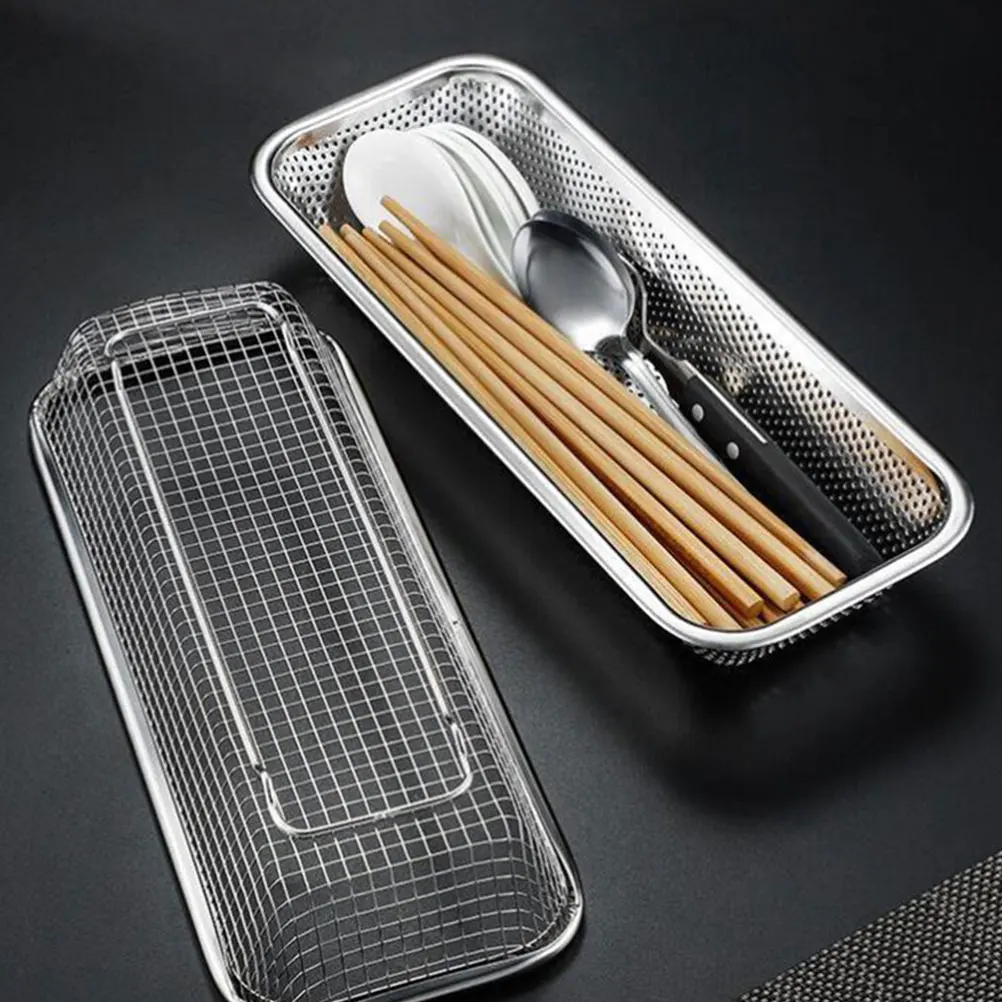 

2pcs Stainless Steel Chopstick Holder Kitchen Utensil Organizer With Drain Holes Cutlery Storage Rack Countertop Spoon Fork