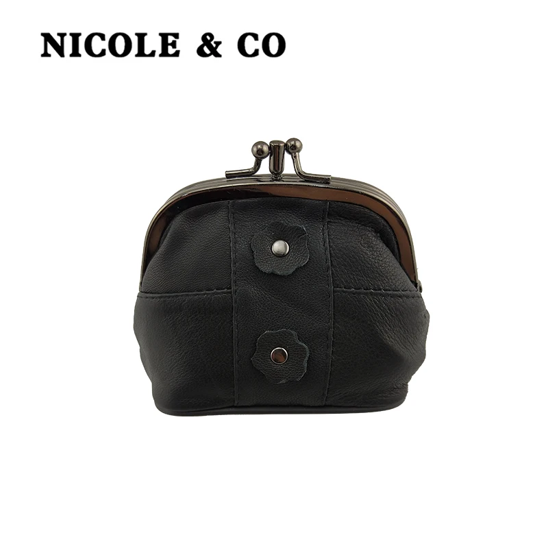 NICOLE & CO Original Women Genuine Leather Coin Purse New Sheepskin Metal Frame Girls Flower Small Wallet Card Holder Change Bag