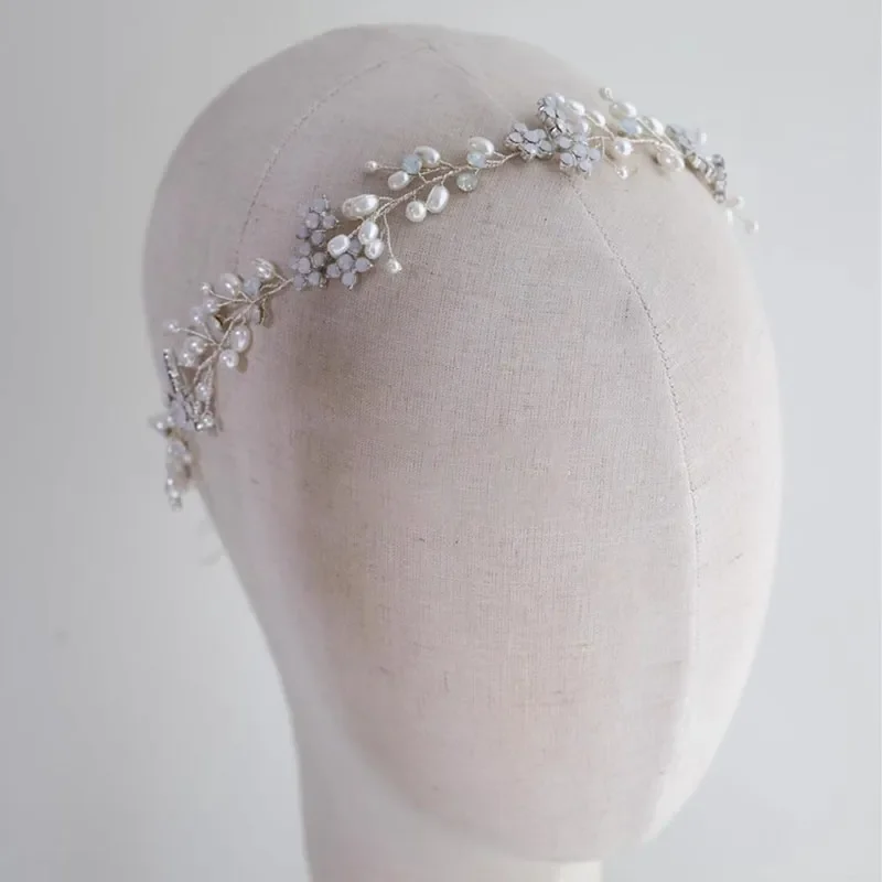 SLBRIDAL Handmade Opal Crystal Rhinestones Pearls Bridal Headband Hair comb Earring Hair pin Set Bridal Women Girls Hair Jewelry image 4