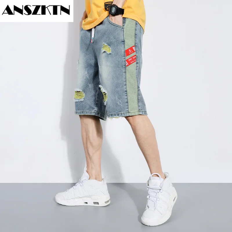 `ANSZKTN Ripped denim shorts men's summer thin new loose straight light casual pants five pants men's tide brand